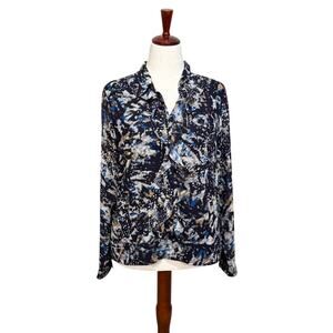 CAbi Starry Night pullover blouse blue ruffle front popover v neck collar Sz M